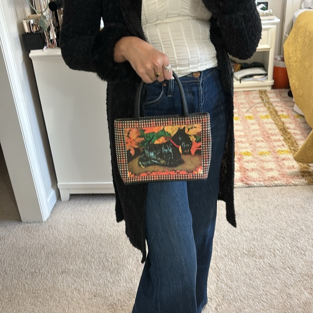 Scotty Terrier Bag Top Handle Purse Dog Rhinestone Cameo Mini Faux Leather Black